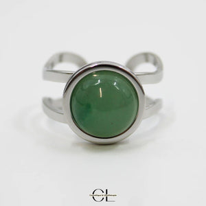 Bague en acier inoxydable argentée avec pierre Aventurine Verte A