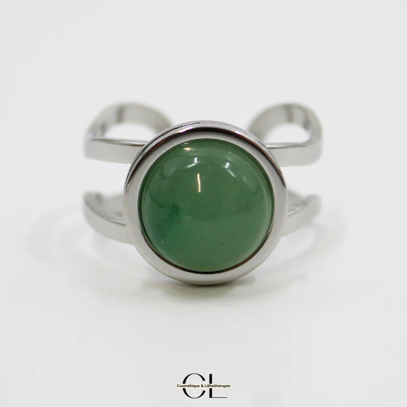 Bague en acier inoxydable argentée avec pierre Aventurine Verte A
