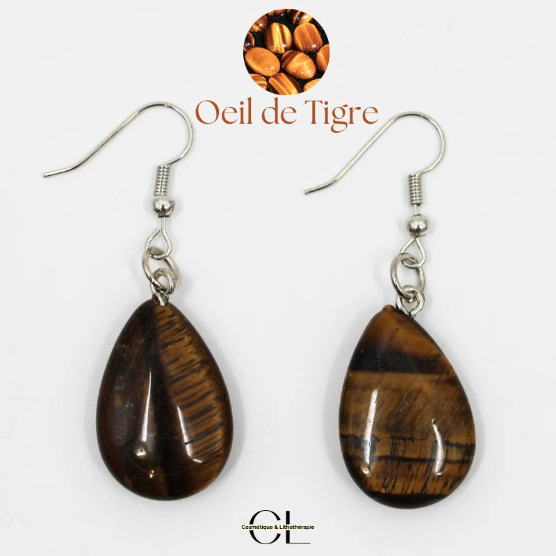 Boucles d'oreilles avec pierre Oeil de Tigre A en forme de goutte 25mm