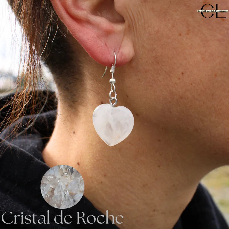 Boucles d'oreilles avec pierre Cristal de Roche AB en forme de coeur 20mm