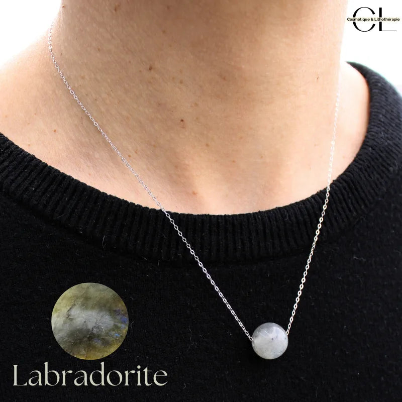 Collier en argent 925  avec pierre Labradorite A Boule 12mm