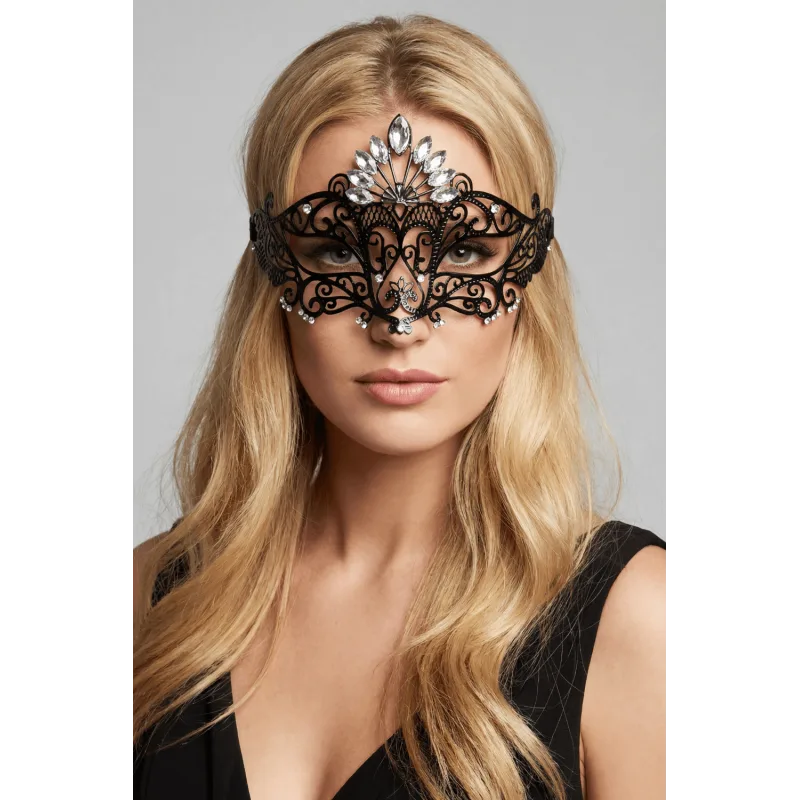 Masque vénitien Gemma rigide noir avec strass