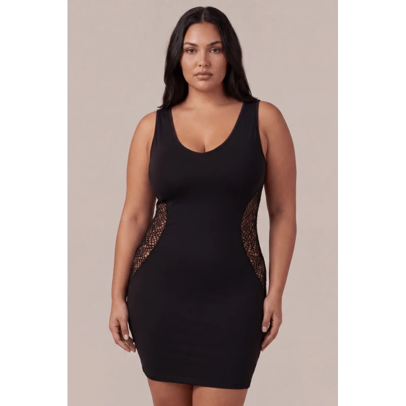 Robe noire avec ouverture filet sur les côtés - Léa