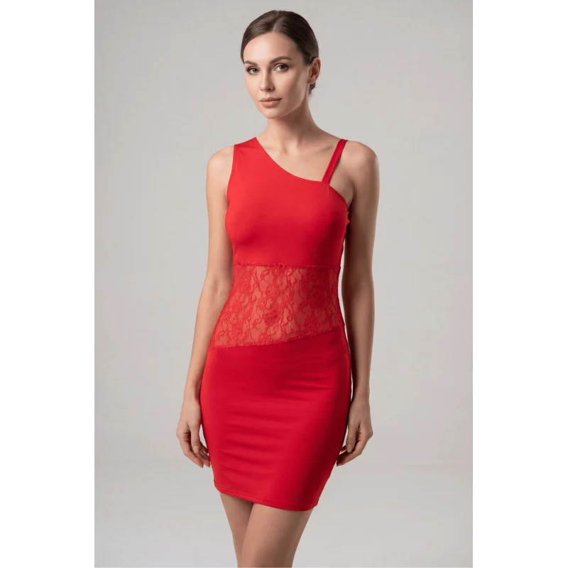 Robe rouge asymétrique avec dentelle Paola