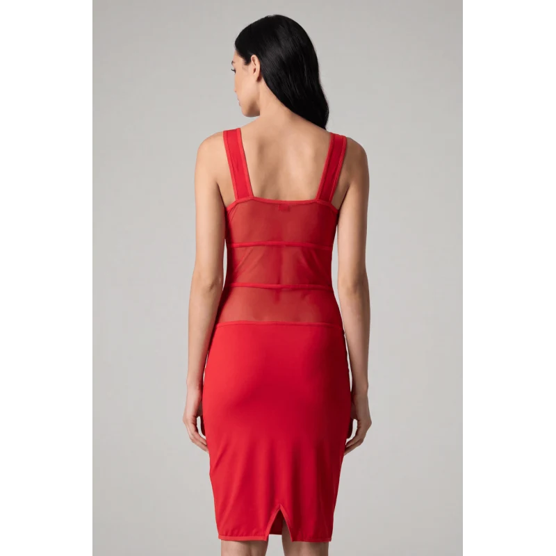 Robe sensuelle et habillée avec maille transparente rouge