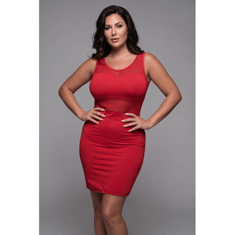 Robe sensuelle et habillée avec maille transparente rouge