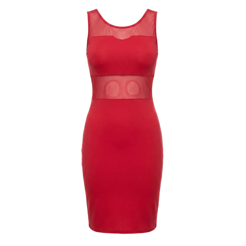 Robe sensuelle et habillée avec maille transparente rouge