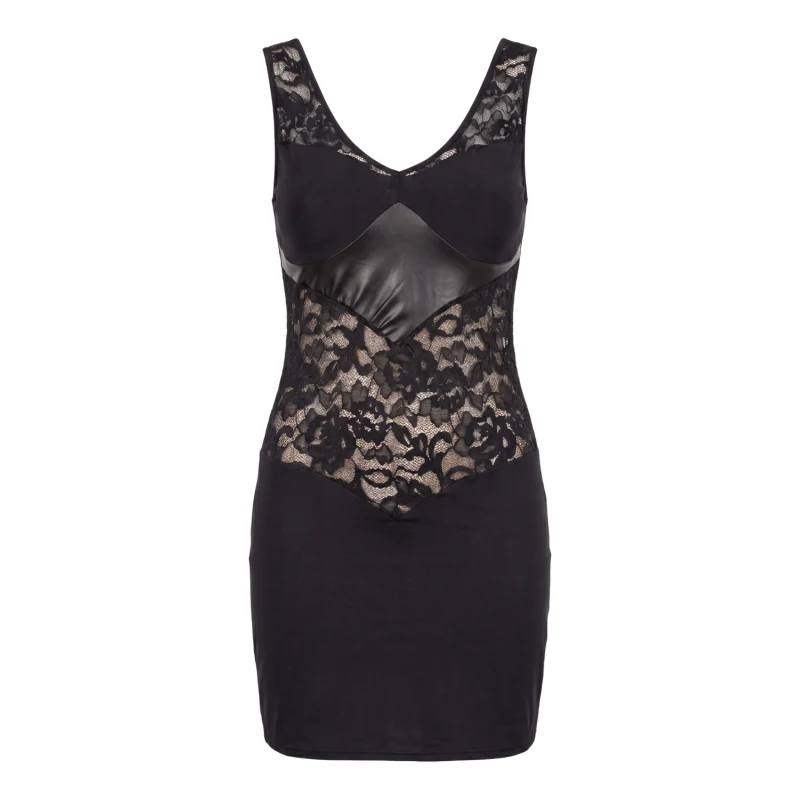 Robe cocktail empiècements dentelle et wetlook