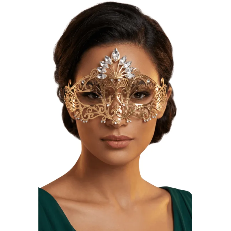 Masque vénitien Gemma rigide doré avec strass