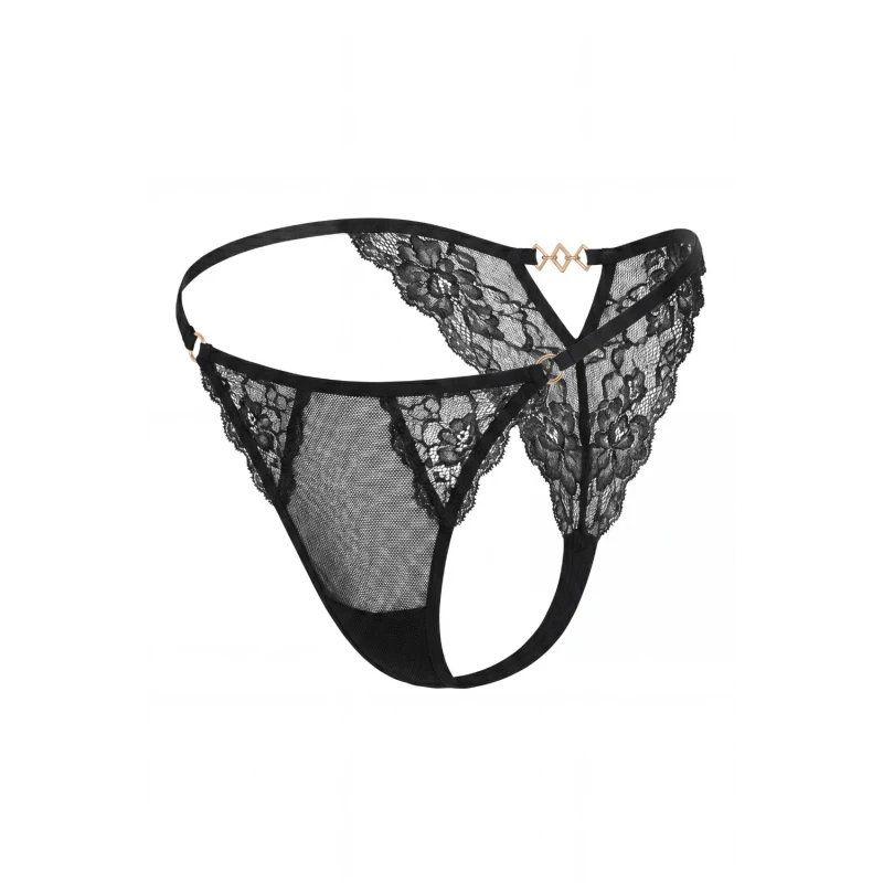 Tanga noir en dentelle avec bijou losanges dorés