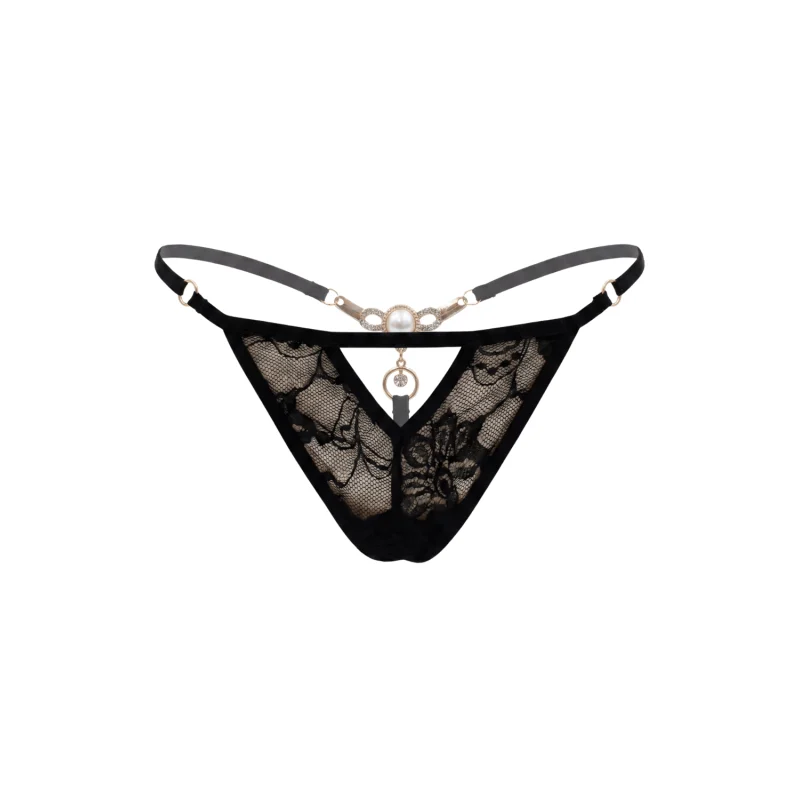 String noir avec bijou perle &amp; strass dorés