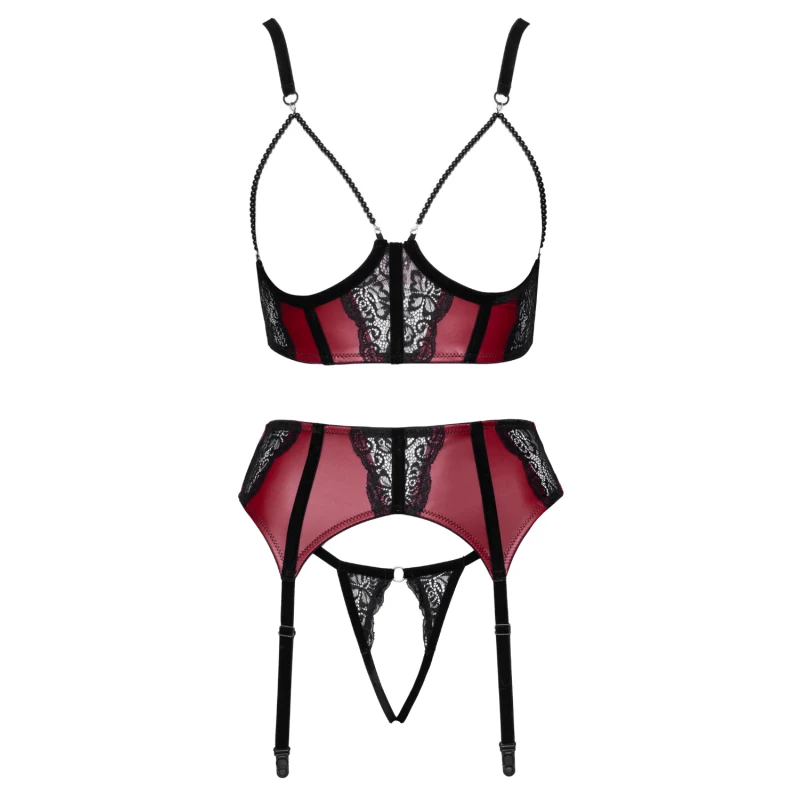 Ensemble Jarretelles 3 Pièces Rouge Foncé &amp; Noir - Cottelli