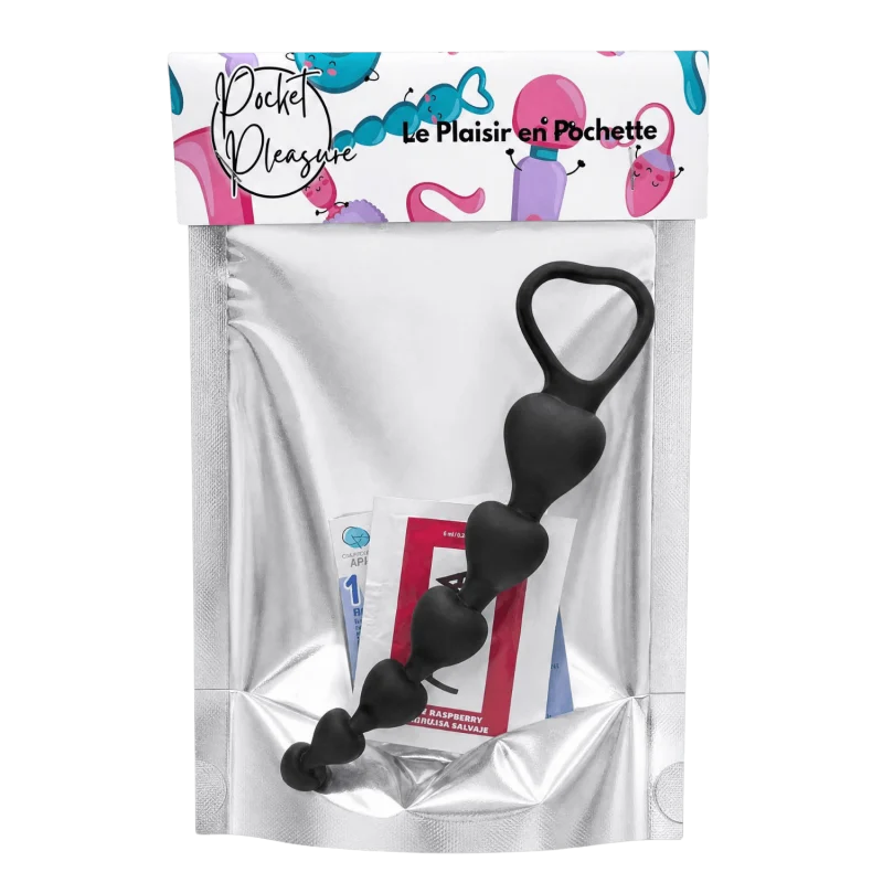Chapelet Anal Cœur Silicone Noir + 1 dosette de lubrifiant — Pocket Pleasure