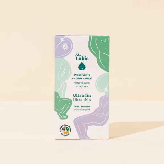 Préservatifs ultra fins en latex naturel My Lubie, taille standard, emballage coloré.