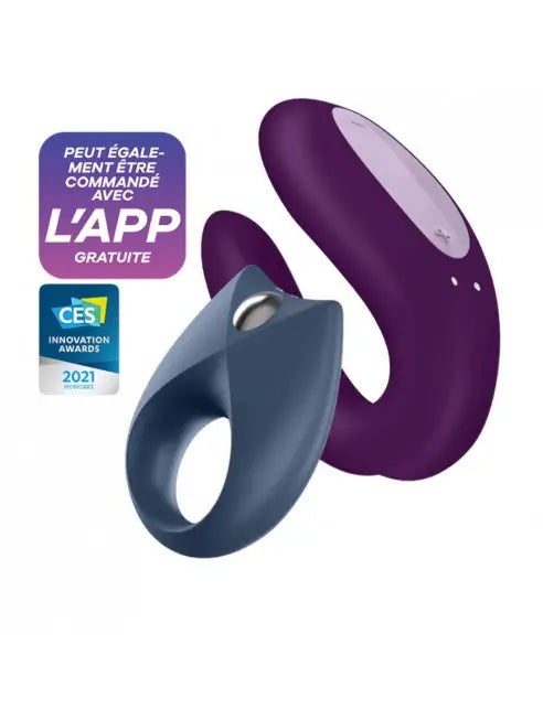 Jouet sexuel violet avec un anneau bleu, en silicone médical, étanche, vibrations puissantes et silencieuses, compatible avec l'app Satisfyer.