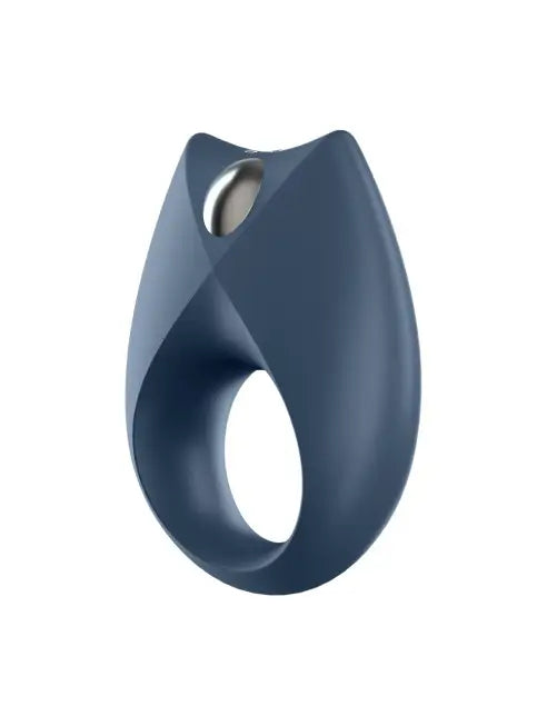 Un anneau bleu avec une boule blanche, conçu pour des vibrations puissantes et un contrôle personnalisé via l'application Satisfyer.