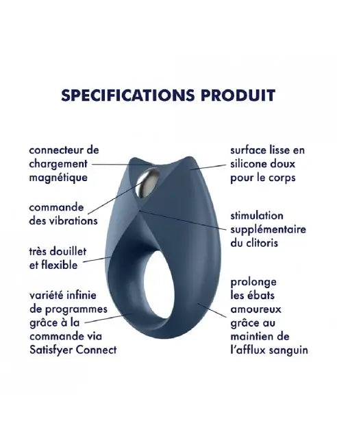 Bague avec inscription "spécifications produit", compatible Satisfyer, silicone médical, étanche, vibrations puissantes et silencieuses.