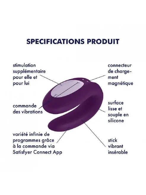 Bague avec inscription "spécifications produit", compatible Satisfyer, silicone médical, étanche, vibrations puissantes et silencieuses.