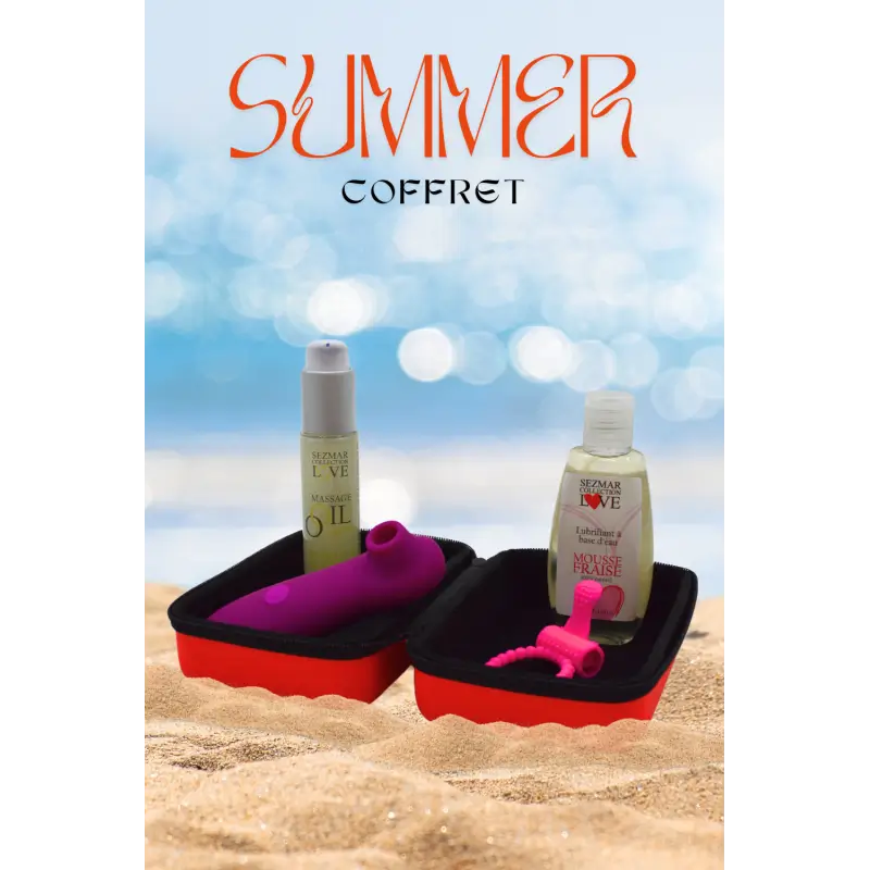 Plage de sable avec les mots "Summer coffret", évoquant des vacances sensuelles et des moments intimes à deux.