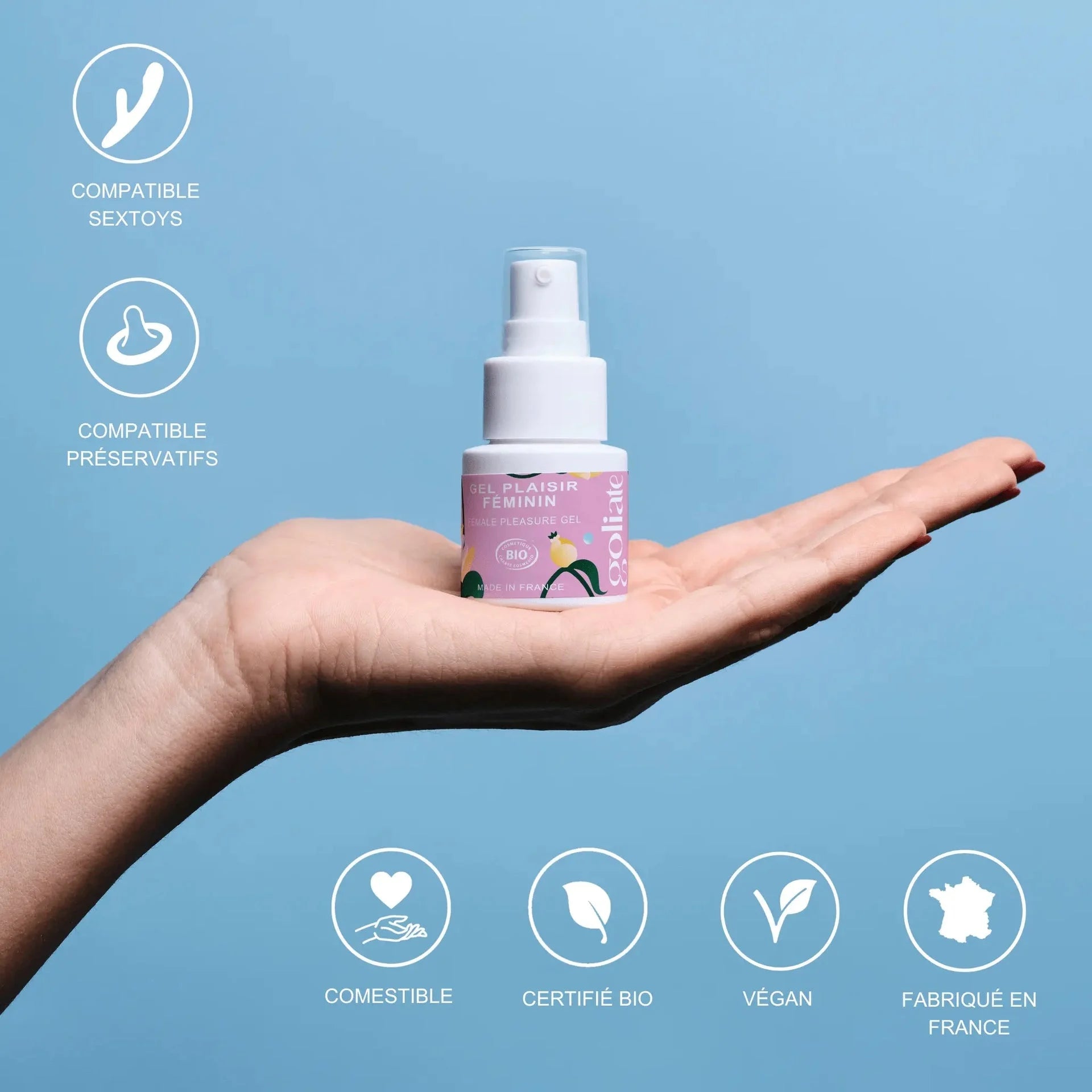 Gel plaisir féminin bio, compatible sextoys et préservatifs, végan, fabriqué en France, certifié comestible.