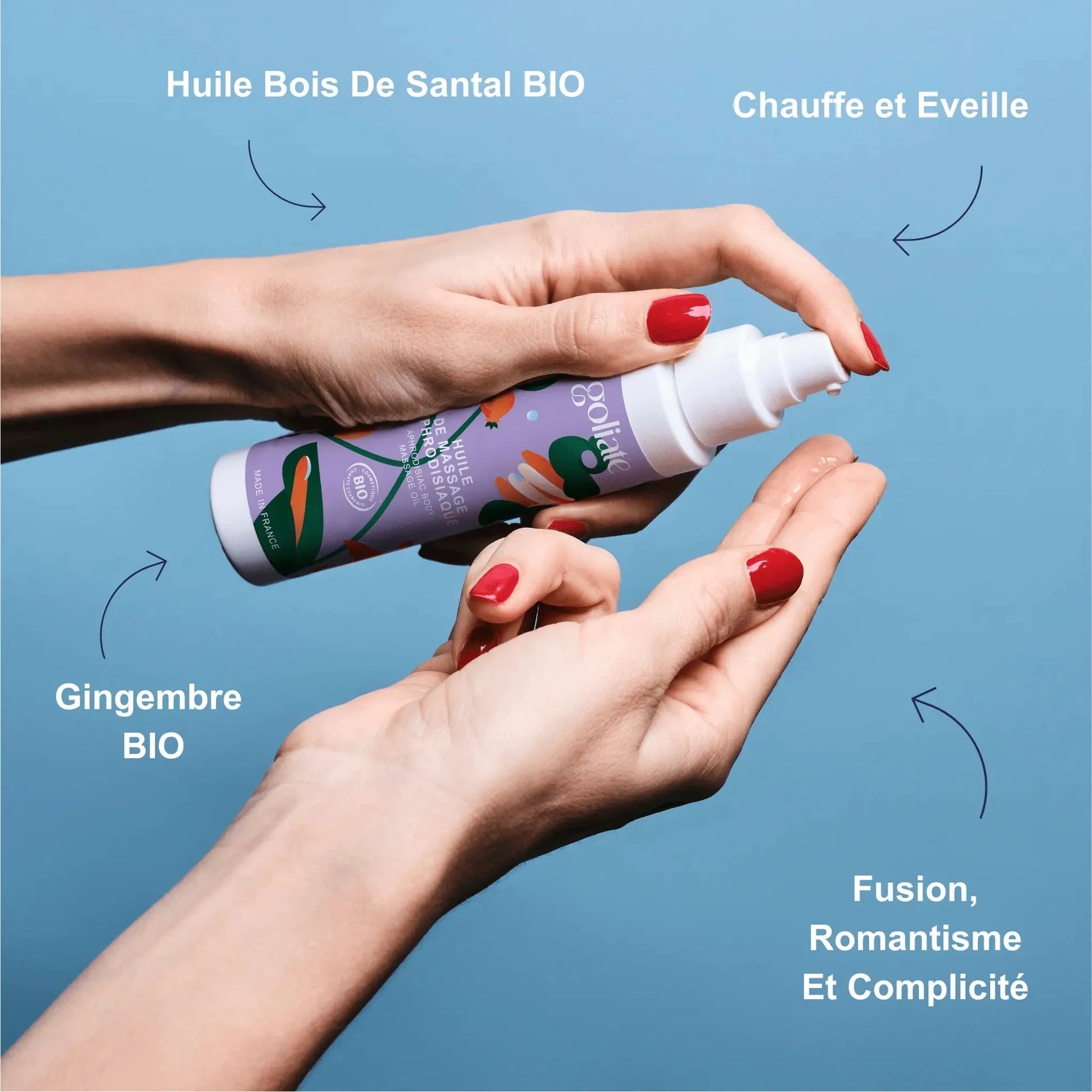 Huile de massage aphrodisiaque au gingembre bio et bois de santal, éveillant romance et complicité intime.
