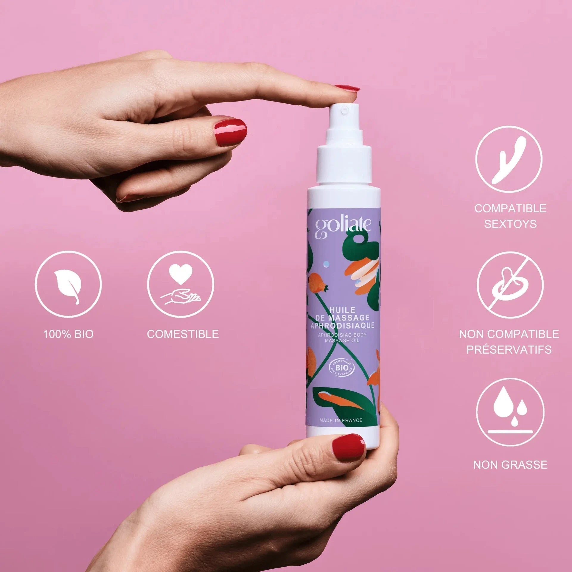 Huile de massage aphrodisiaque bio, comestible, compatible sextoys, non grasse, idéale pour moments intimes sensuels.
