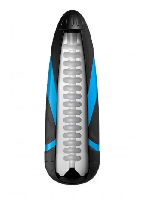 Masturbateur masculin ergonomique, design élégant noir et bleu, stimulation intense pour plaisir intime.