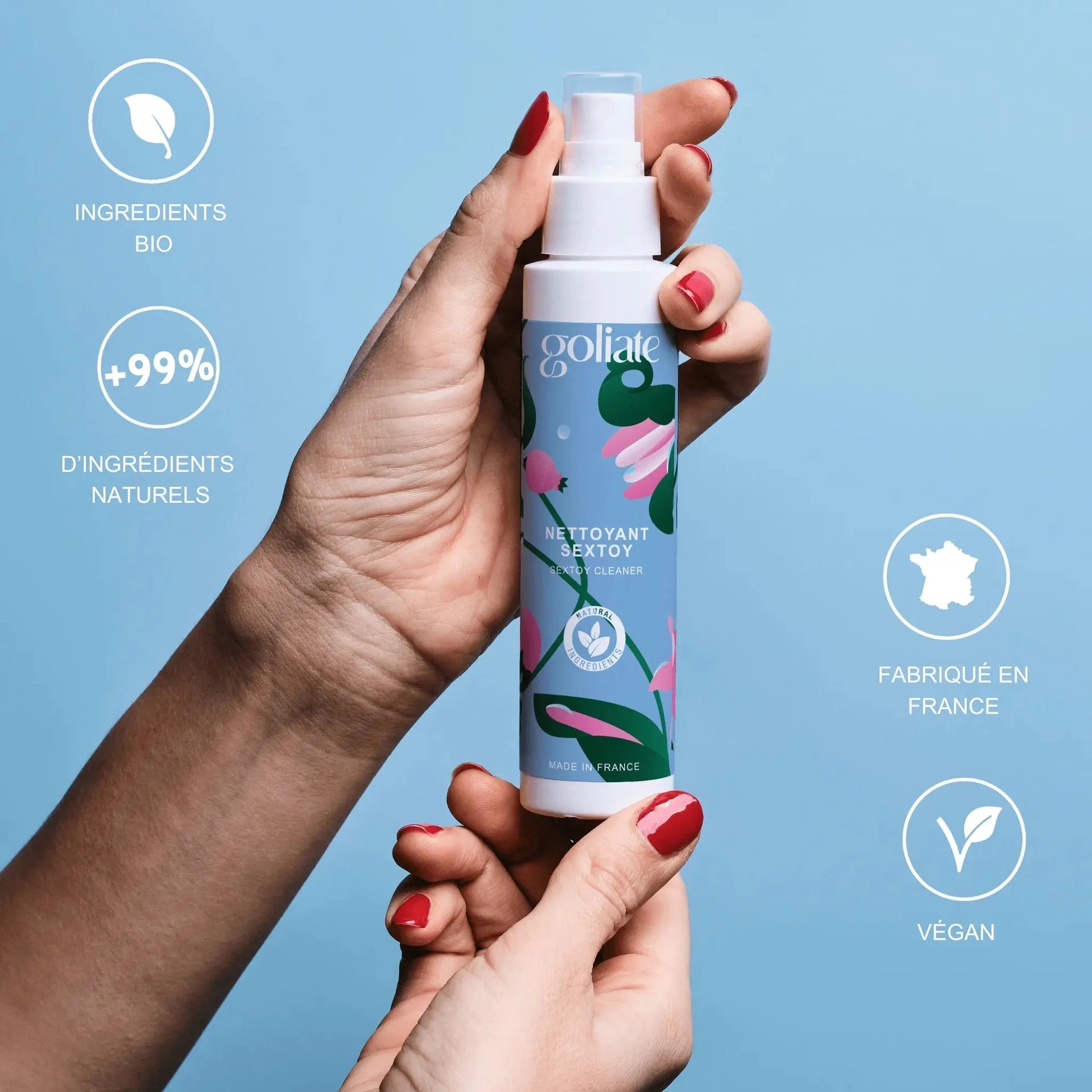Nettoyant sextoy naturel et végan, fabriqué en France. Plus de 99% d'ingrédients bio pour l'entretien des produits intimes.