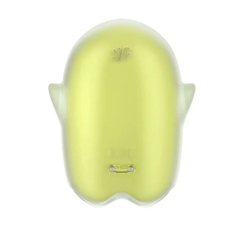 Tête en plastique jaune avec un visage blanc, représentant le Satisfyer Glowing Ghost, un vibromasseur innovant et séduisant.