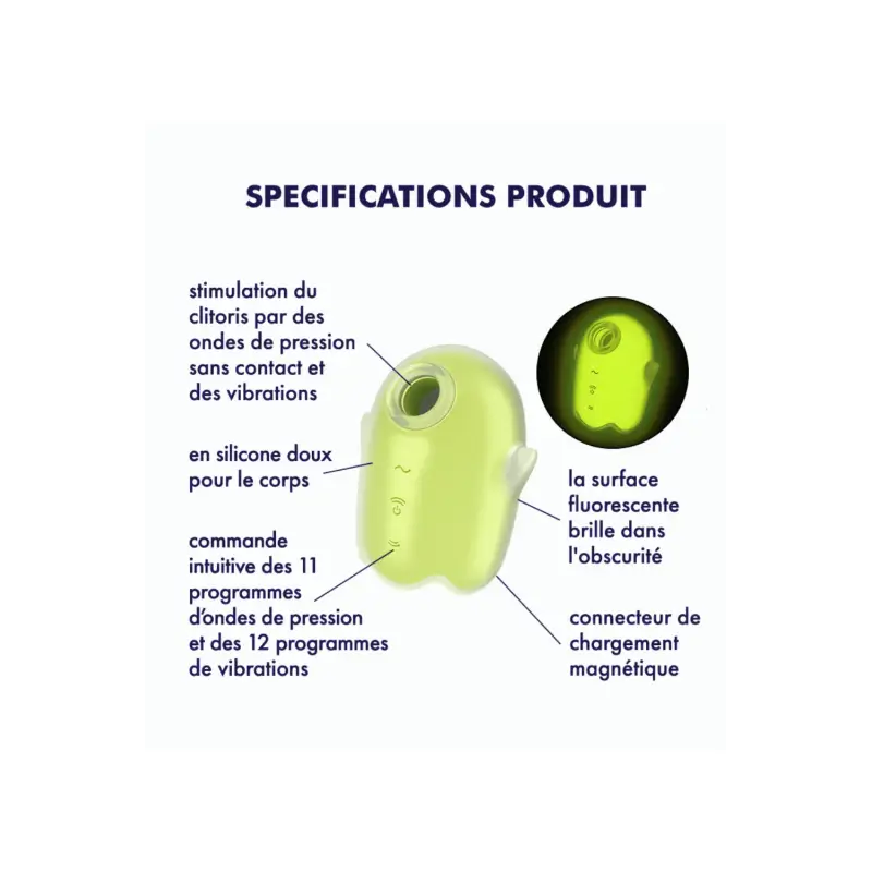 Objet jaune avec les mots "spécifications produit", mettant en avant le Satisfyer Glowing Ghost et ses caractéristiques innovantes.