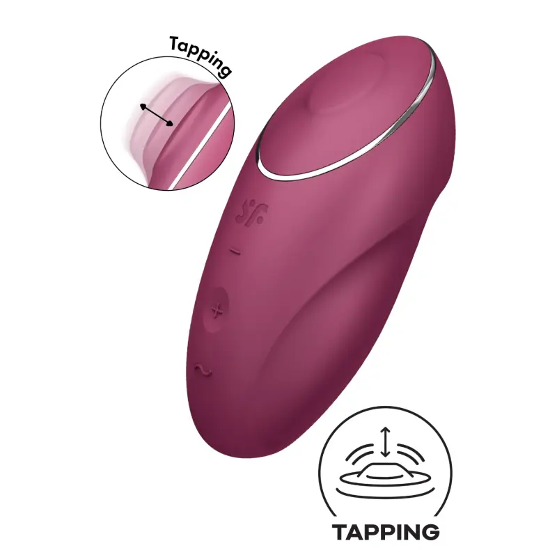 Image d'un jouet intime avec les mots "tapping" et "tapping", évoquant des sensations variées et un plaisir clitoridien intense.