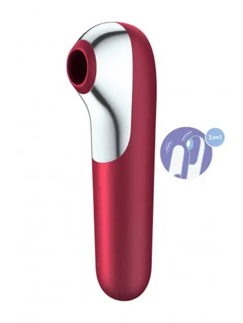 Vibromasseur rouge et argent sur fond blanc, alliant technologie Air Pulse et vibrations pour une stimulation féminine optimale.