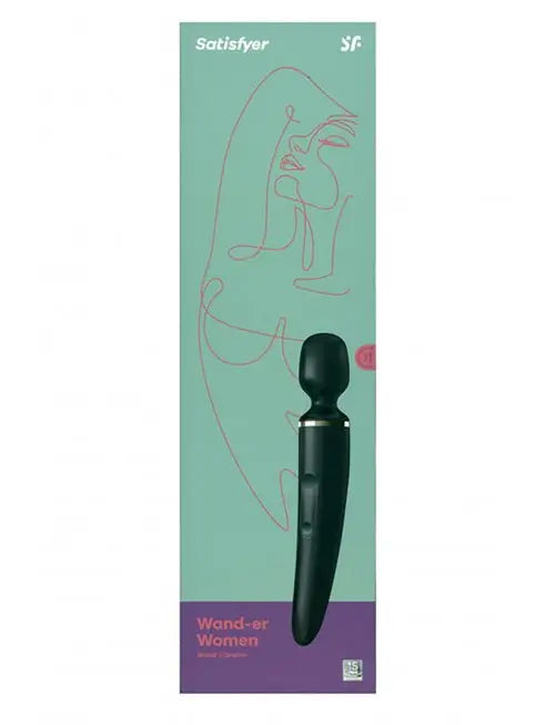 Vibromasseur noir dans son emballage, illustré d'une femme, pour des moments de plaisir et de détente inégalés.
Satisfyer Wand Woman masseur intime stimulation clitoris