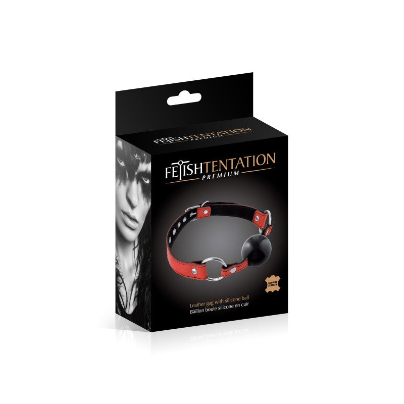 Bâillon boule en silicone noir et cuir rouge