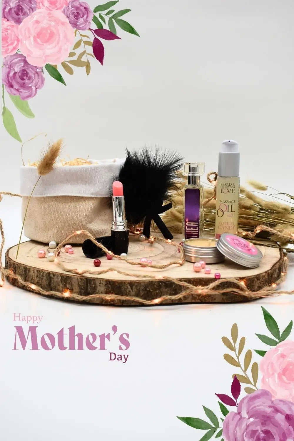 Coffret cadeau de la Fête des Mères avec fleurs, bougies et produits de bien-être pour une expérience relaxante et aimante.