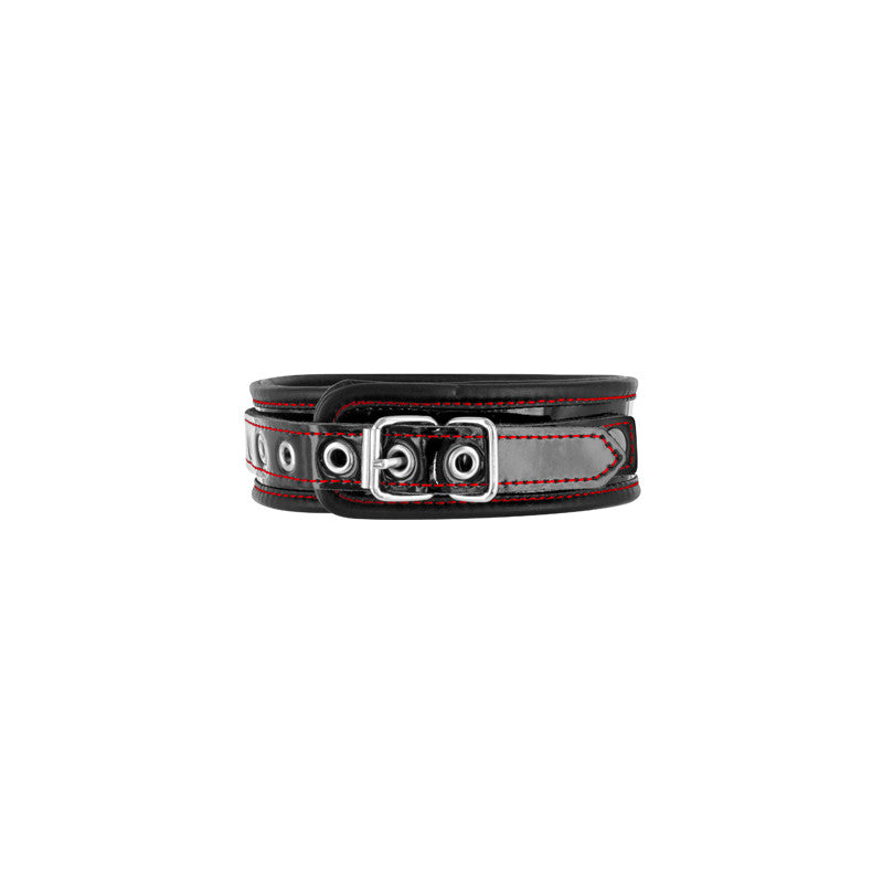 Collier BDSM cuir verni noir et surpiqûre rouge