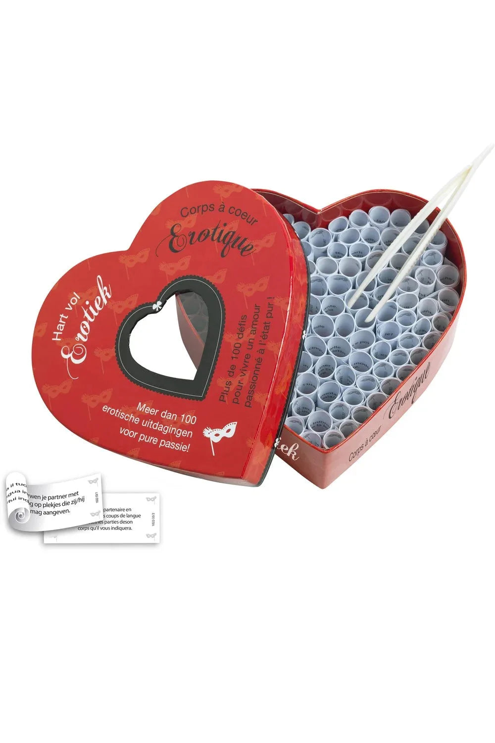 Coffret défis érotiques, plus de 100 challenges pour pimenter vos soirées, boîte cœur rouge passion.