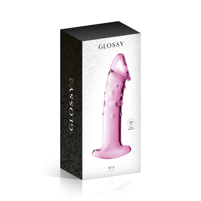 Glossy Toys n°3, gode réaliste en verre rose avec poignée de retrait 18 cm