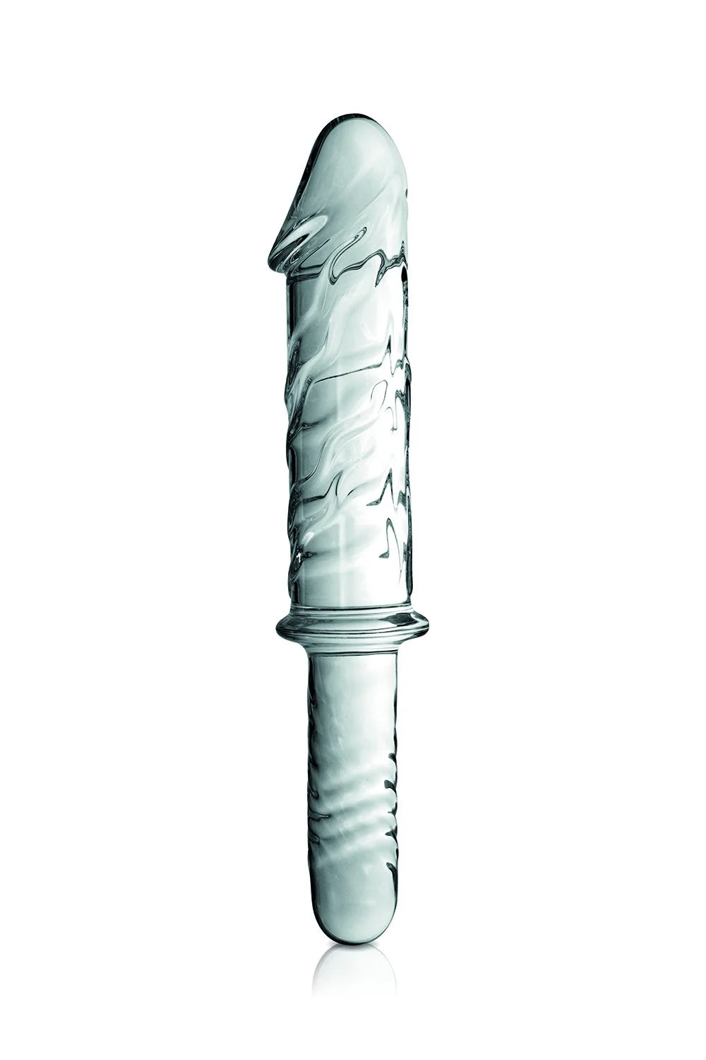 Gode en verre transparent avec poignée, design réaliste et texturé pour des plaisirs intimes.