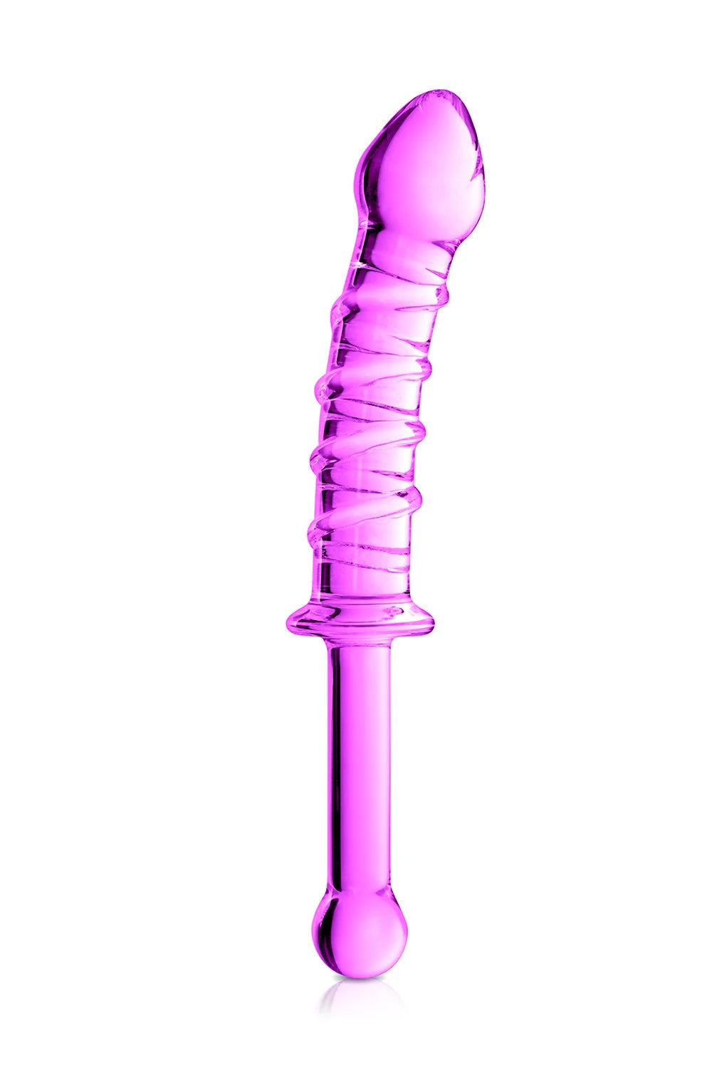 Gode en verre rose strié, parfait pour des jeux intimes variés. Original et élégant.