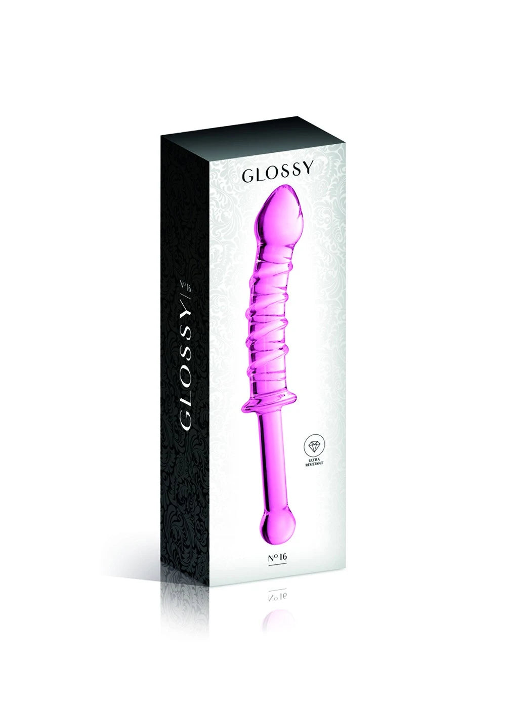 Gode en verre rose glossy avec stries pour des sensations intenses et raffinées.