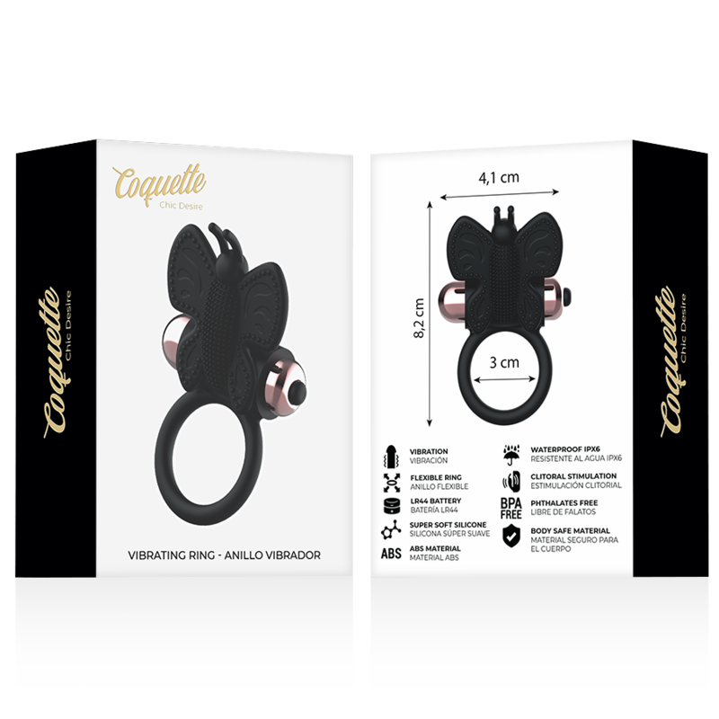 Coquette Chic Desire - Cockring Papillon avec Vibrateur Noir/ Or