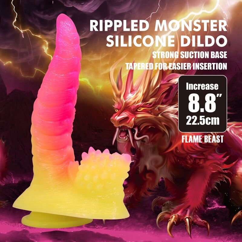 Power Monsters - Godemichet Monstre Ondulé Fantasy avec Ventouse 22,5 Cm Ø 5,5 Cm Rose et Jaune