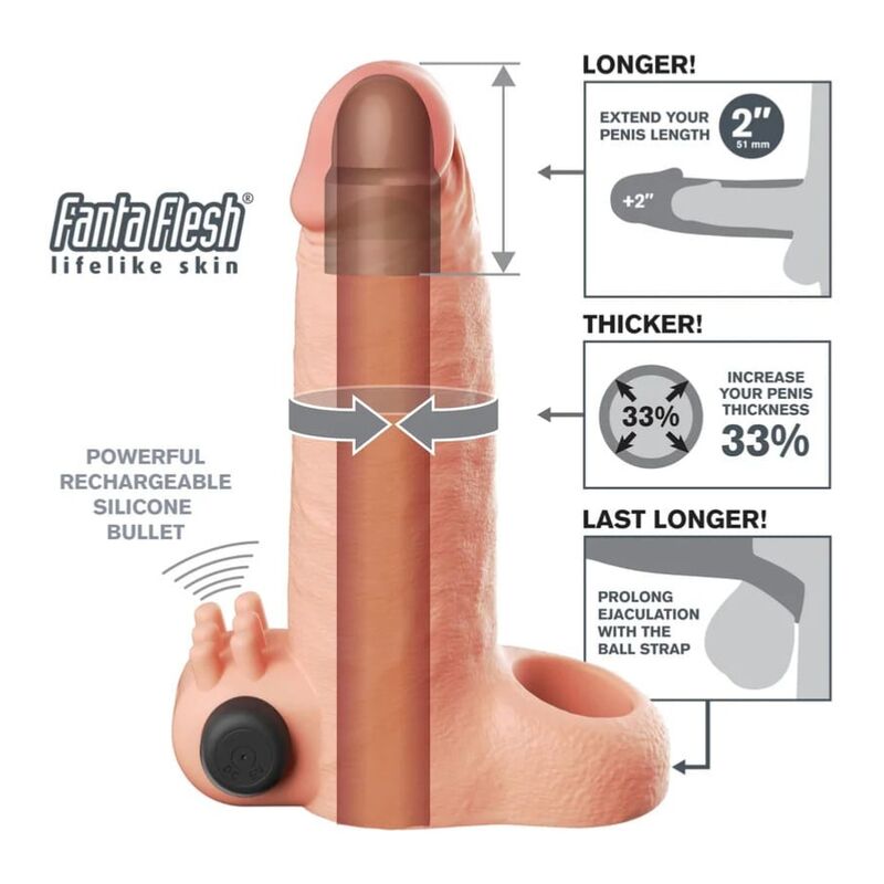 Fantasy X-tensions - Manchon D'Extension Pénienne de 5 Cm à Sensations Réelles Vibrantes, Beige