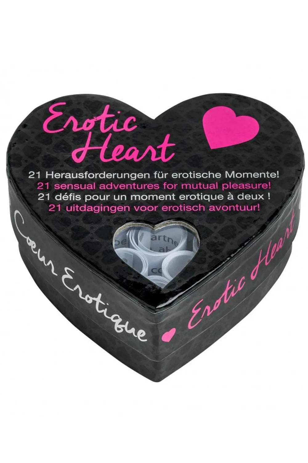 Boîte de défis coquins pour couples, en forme de cœur, idéale pour pimenter les moments intimes.