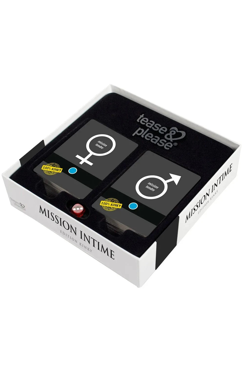 Jeu de cartes Mission Intime Edition Kinky pour pimenter vos soirées en couple, avec tâches coquines et dé relaxant.