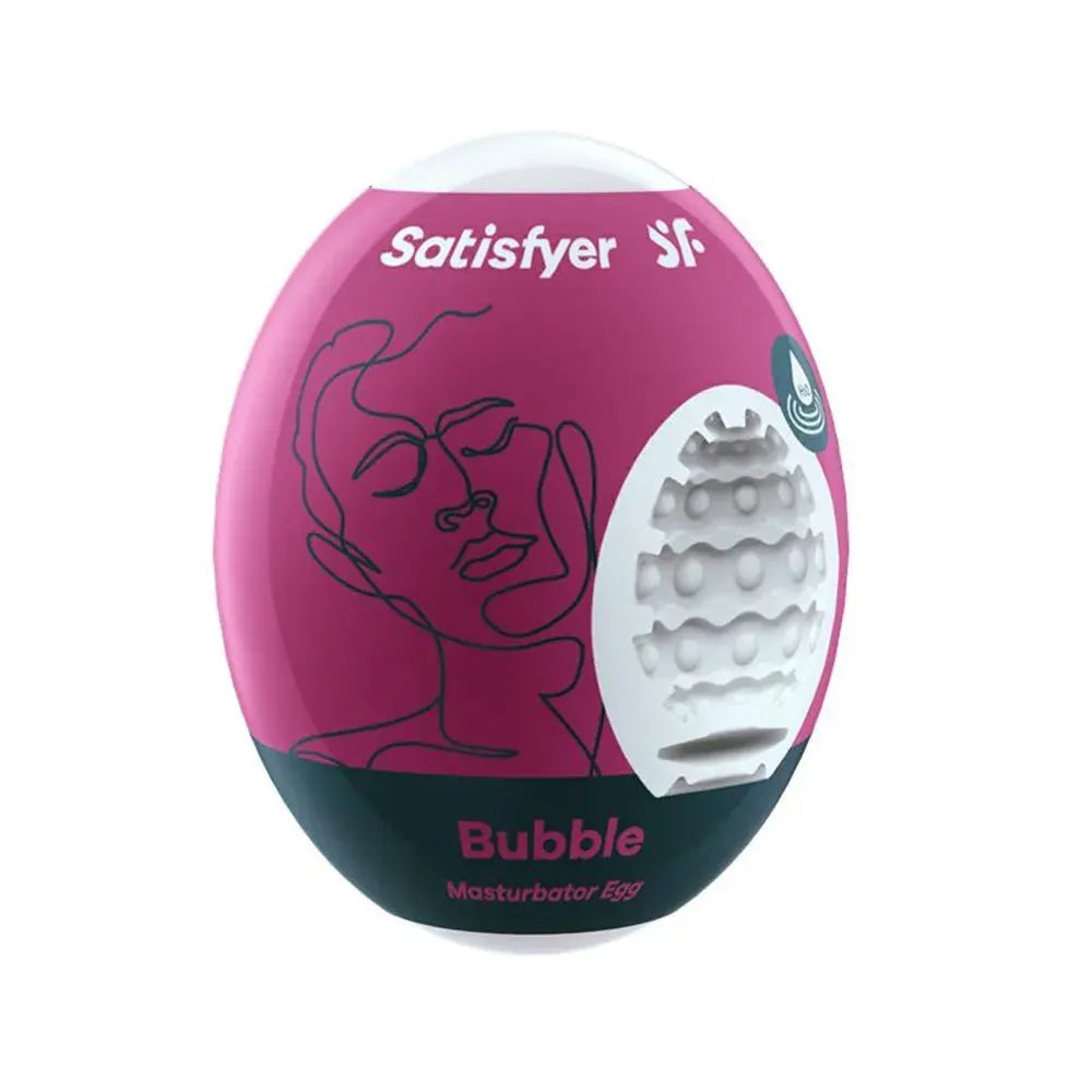 Œuf masturbateur Satisfyer Bubble texturé, doux et flexible pour plaisir intime masculin. Design moderne et ergonomique.