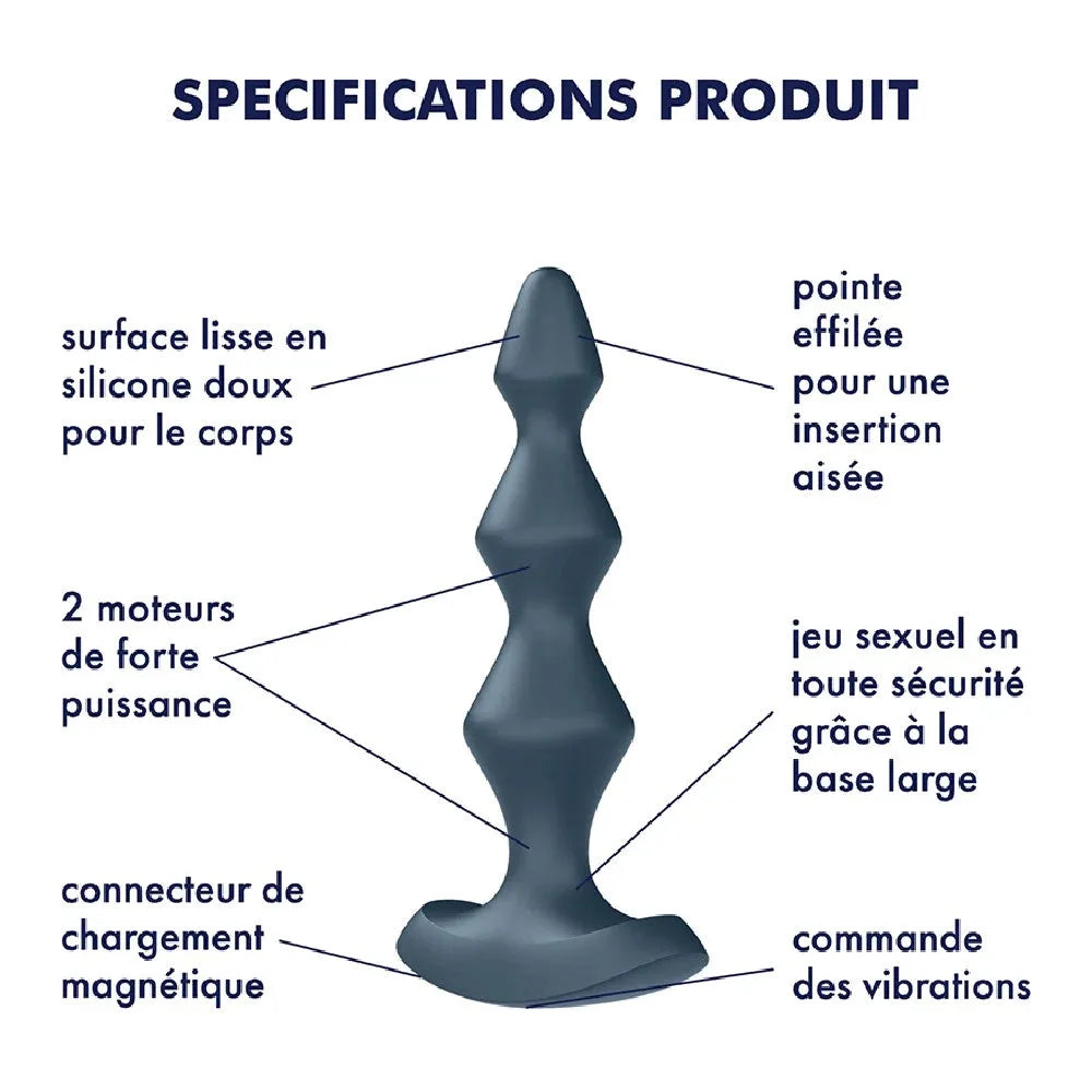 Plug anal vibrant en silicone gris avec double moteur puissant et charge magnétique. Confort et sécurité optimale.