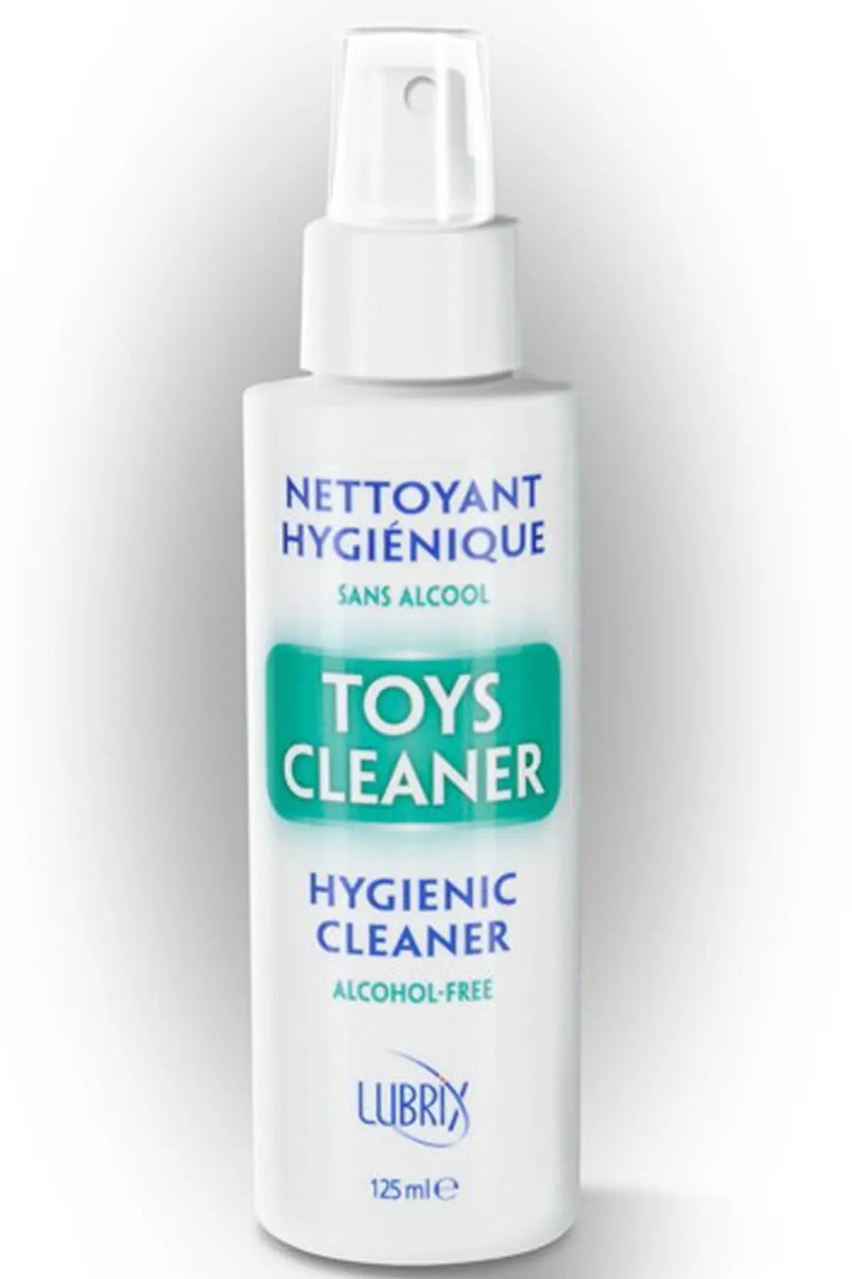 Flacon de nettoyant hygiénique pour sextoys de la marque Lubrix, contenant 125 ml. Le produit est sans alcool, conçu pour nettoyer en douceur les jouets intimes, avec une formule inodore et incolore. L’étiquette indique "Toys Cleaner" en lettres blanches et vertes, avec la mention "Hygienic Cleaner" et "Alcohol-Free". Le flacon est équipé d’un spray pour une application facile et pratique.