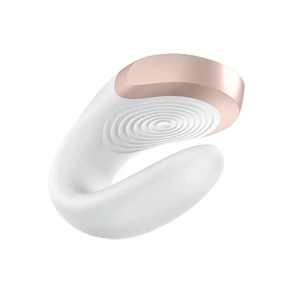 Vibromasseur connecté blanc pour couple, télécommande incluse, design moderne en silicone doux.